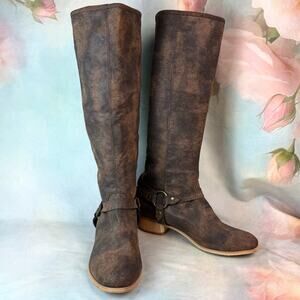 JustFab Brown Distressed Look Buckle Detail Back Full Zip Knee High Boots